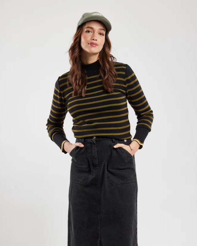 ARMOR LUX LADIES STAND UP COLLAR SWEATER - FIR GREEN/ BLACK