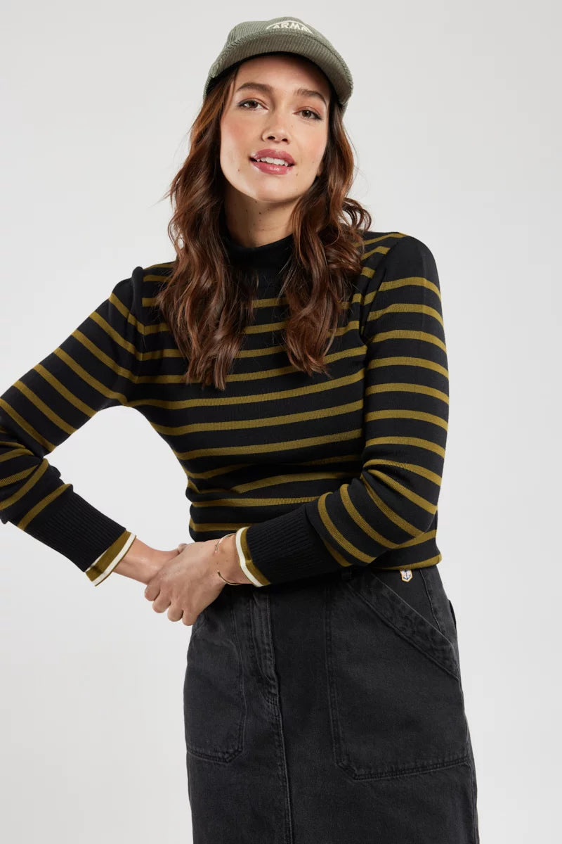 ARMOR LUX LADIES STAND UP COLLAR SWEATER - FIR GREEN/ BLACK