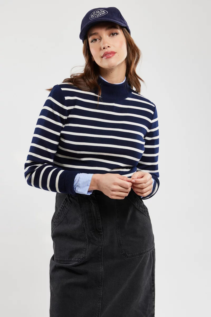 ARMOR LUX LADIES STAND UP COLLAR SWEATER - DARK BLUE/ WHITE