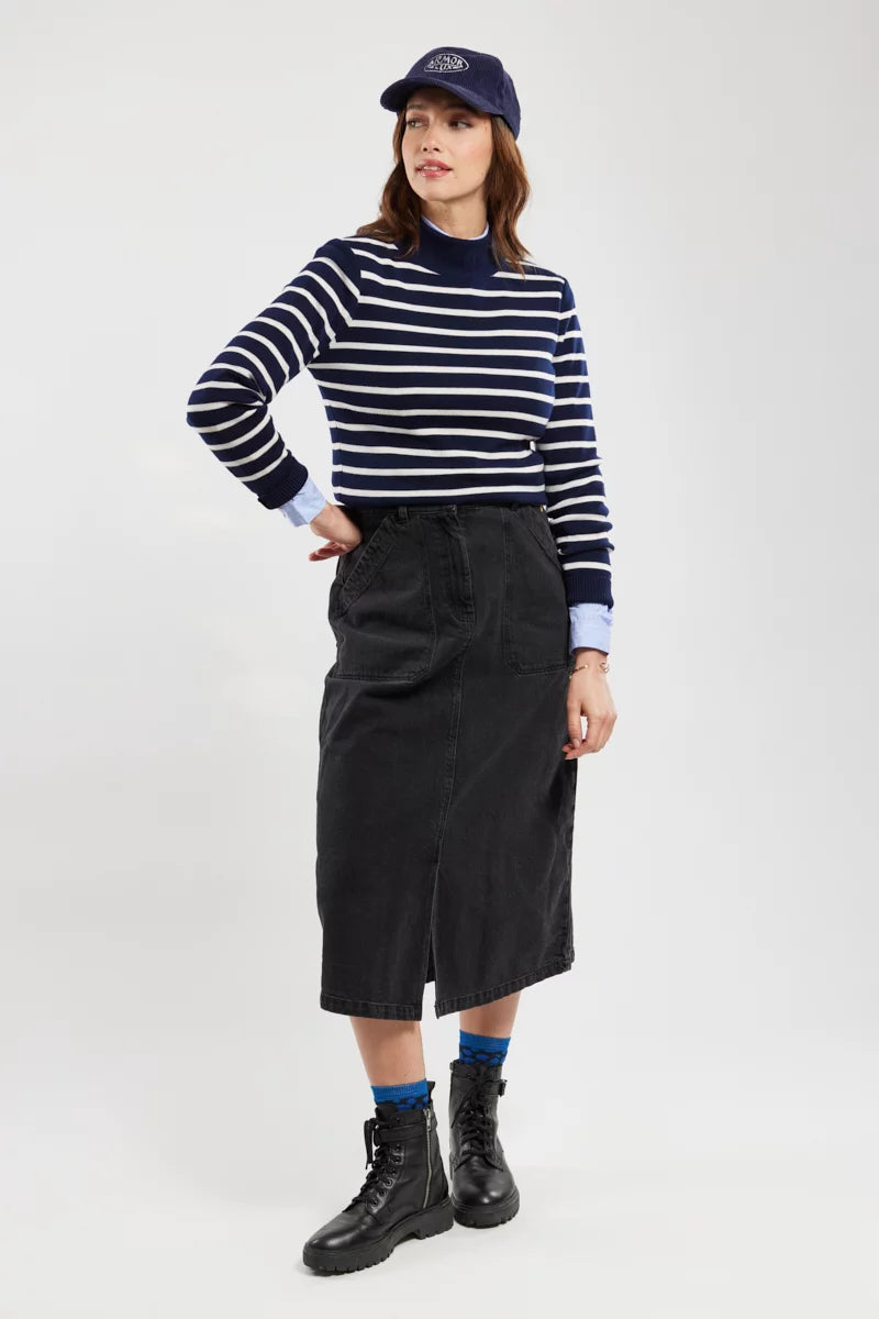 ARMOR LUX LADIES STAND UP COLLAR SWEATER - DARK BLUE/ WHITE