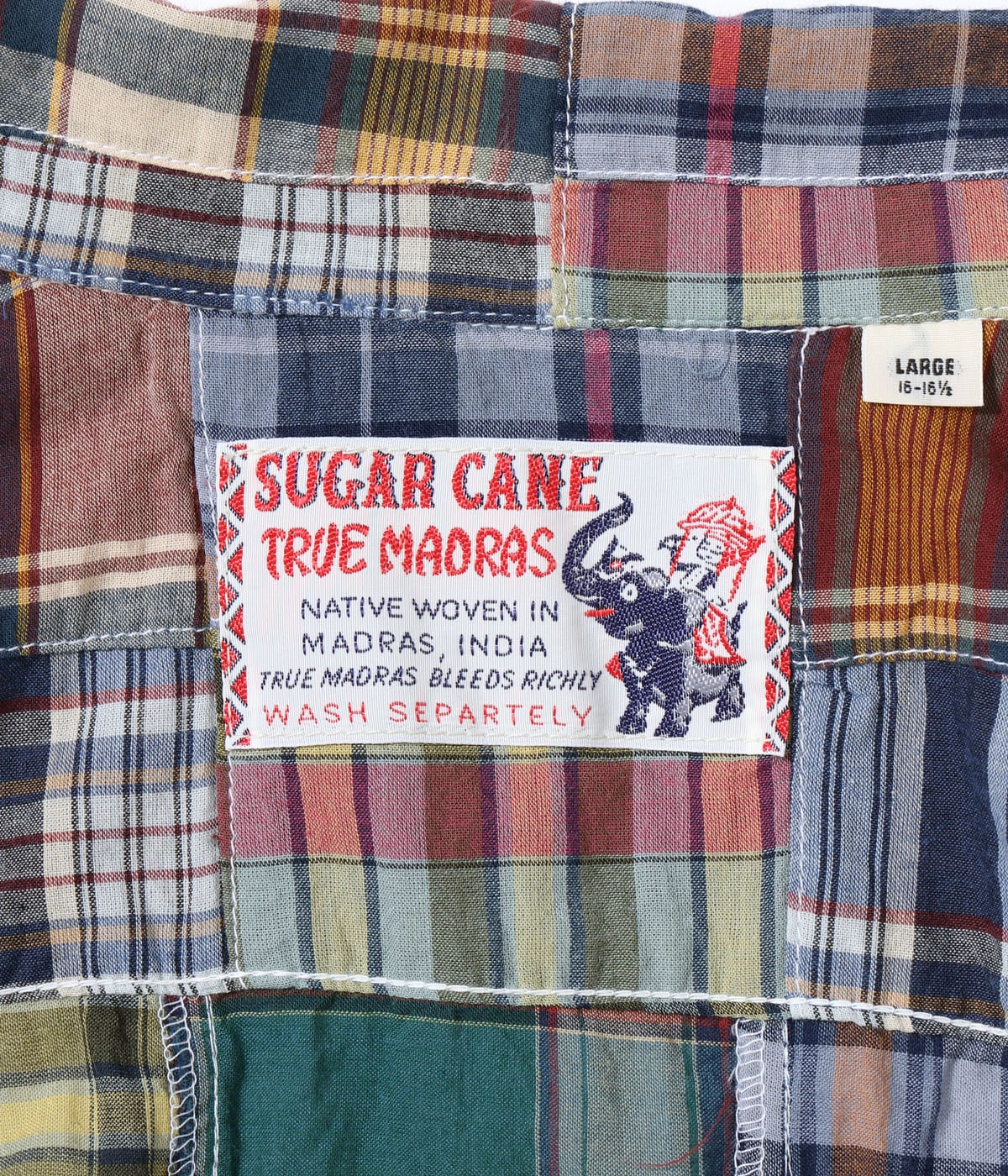 SUGAR CANE MADRAS CHECK PATCHWORK OPEN NECK SHIRT - NAVY