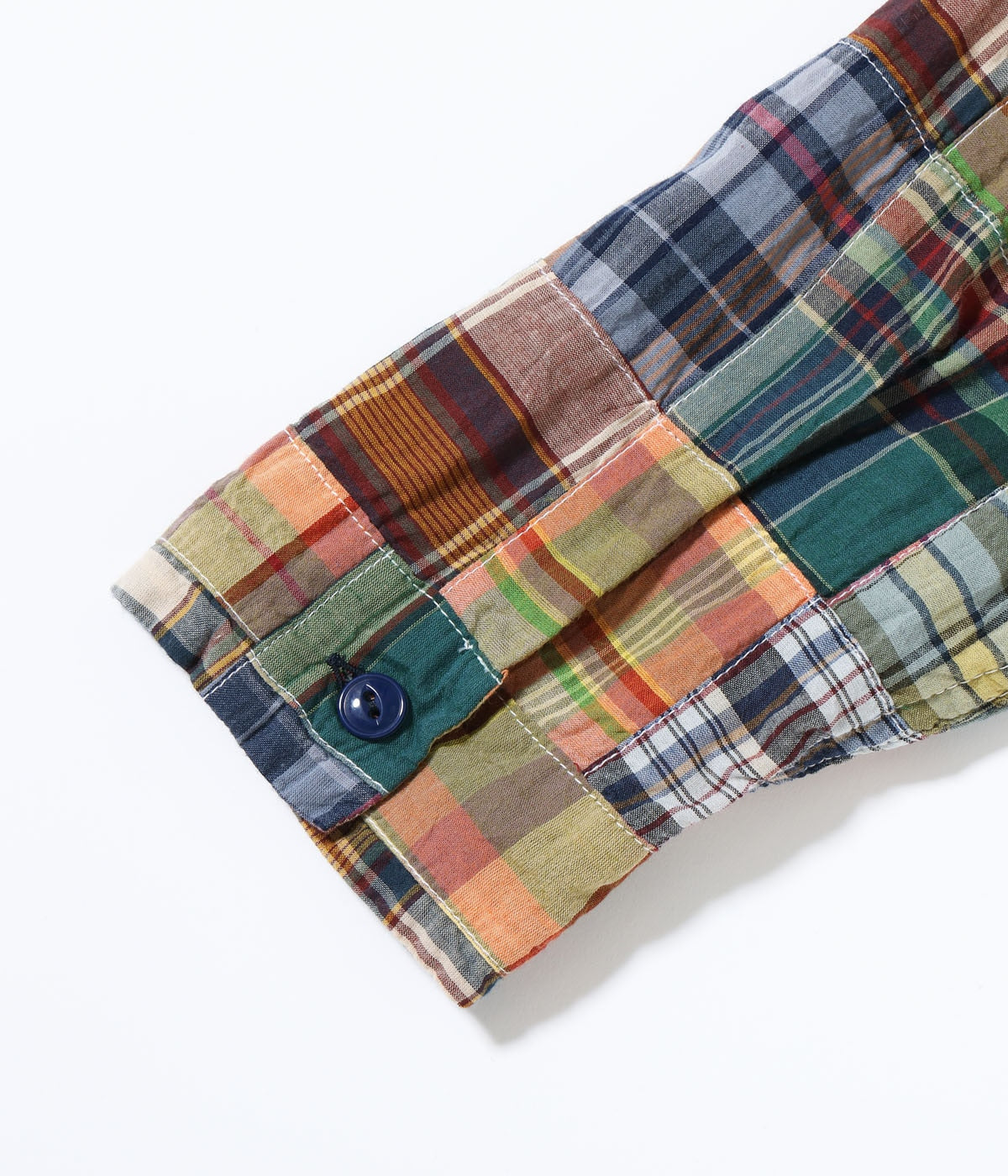SUGAR CANE MADRAS CHECK PATCHWORK OPEN NECK SHIRT - NAVY
