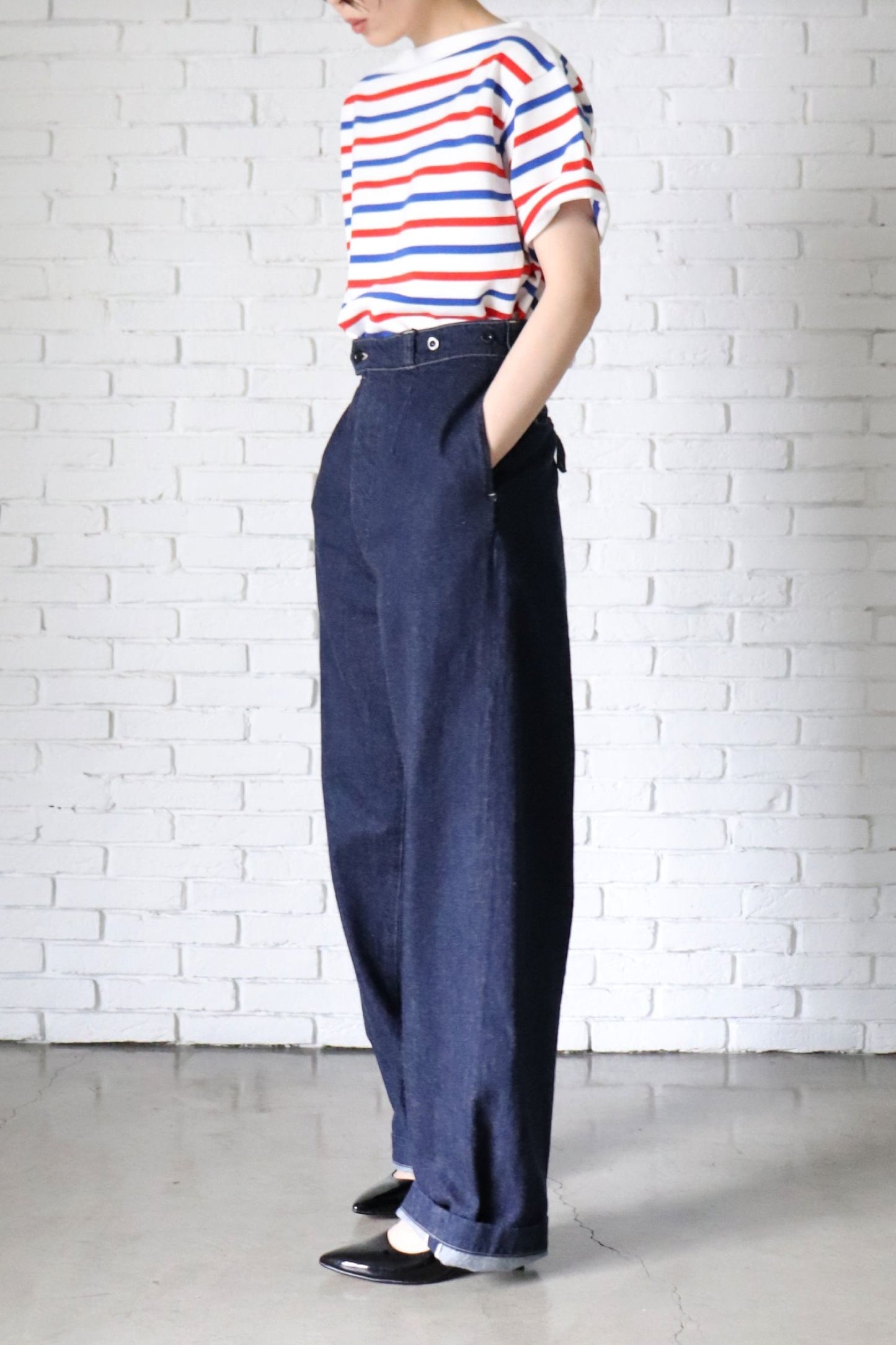 LENO BUCKLE BACK TROUSERS - INDIGO