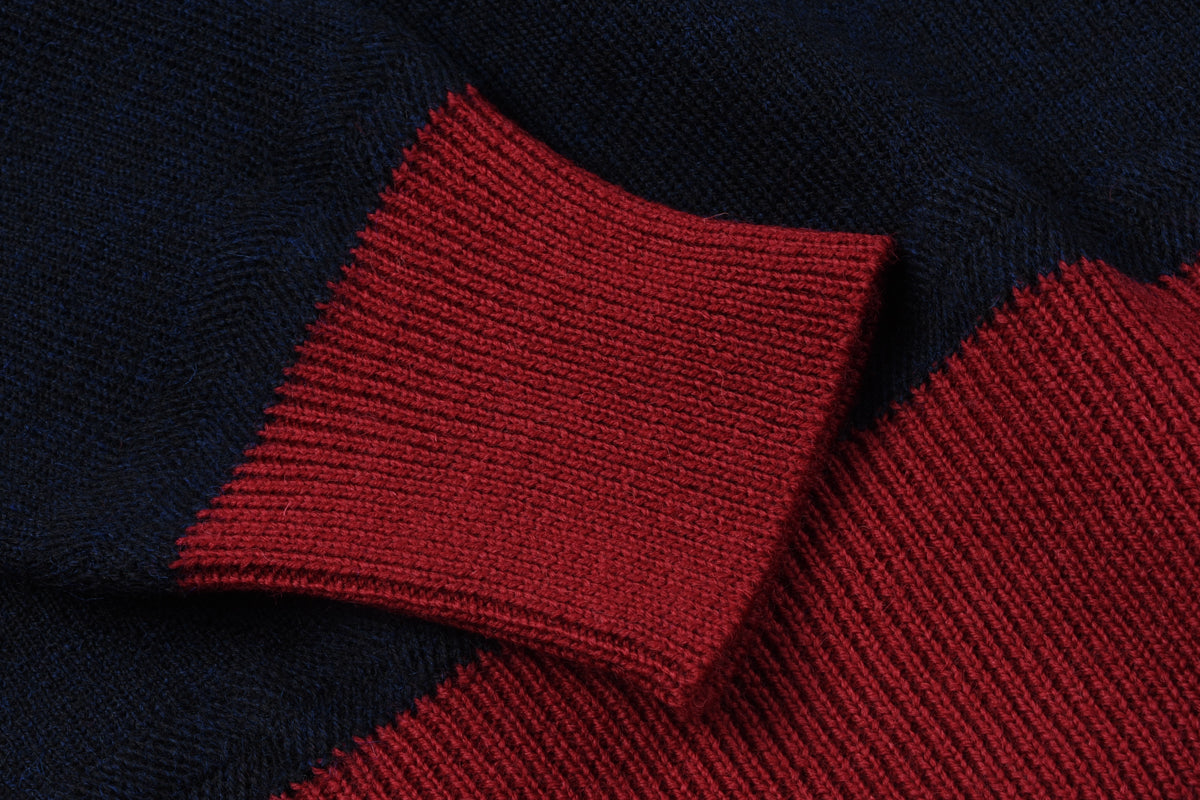 STEVENSON OVERALL CO. DOUBLE V-GUSSET WOOL SWEATER - NAVY x RED