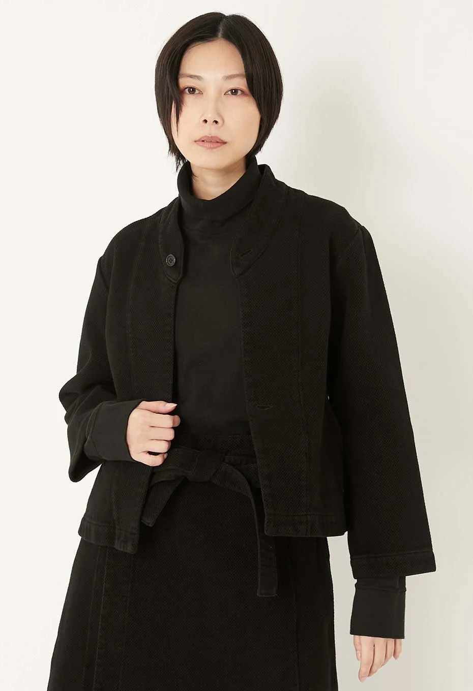 BLUE BLUE JAPAN WOMENS DOUBLE CLOTH SASHIKO 'HAORI' JACKET - DARK BLACK