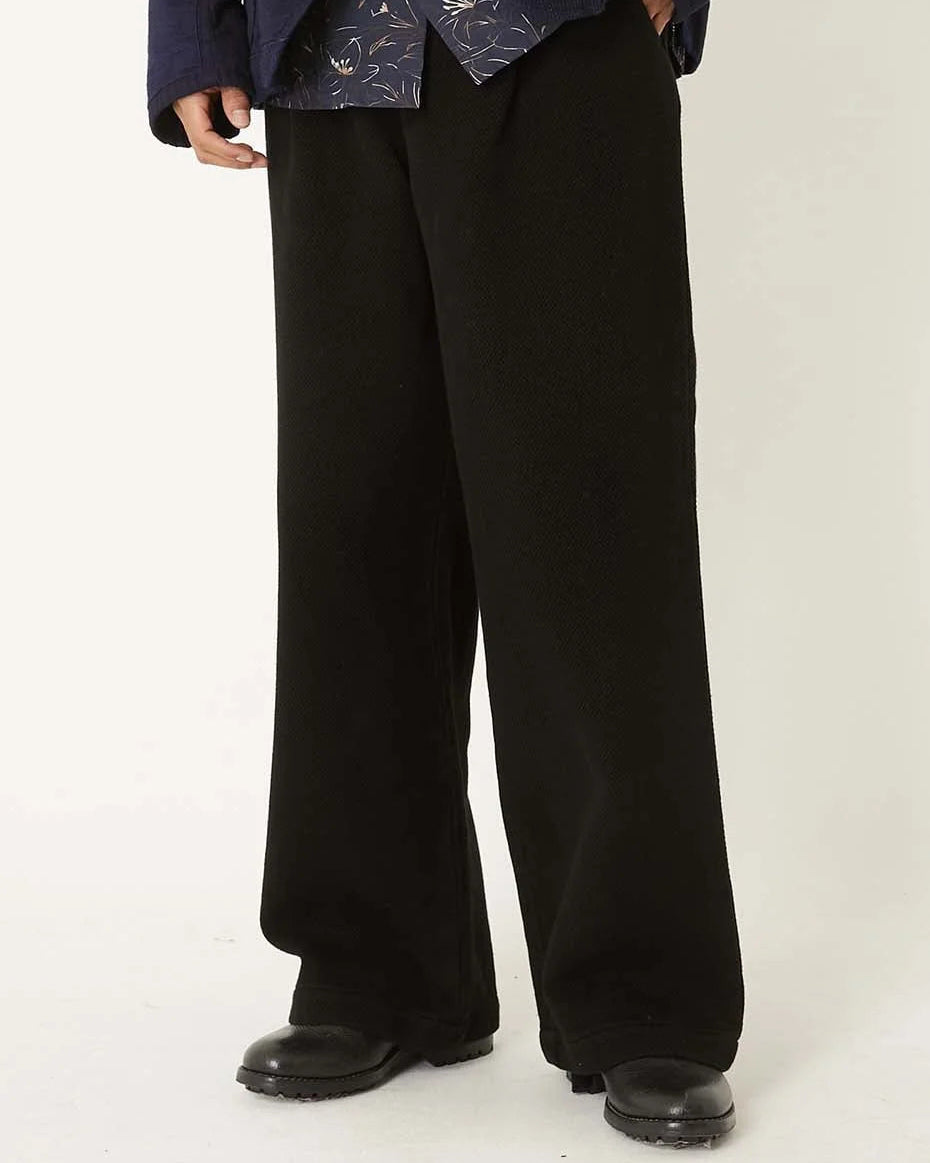 BLUE BLUE JAPAN DARK BLACK DOUBLECLOTH SASHIKO TUCKED WIDE PANTS - BLACK