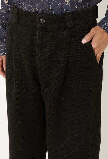 BLUE BLUE JAPAN DARK BLACK DOUBLECLOTH SASHIKO TUCKED WIDE PANTS - BLACK