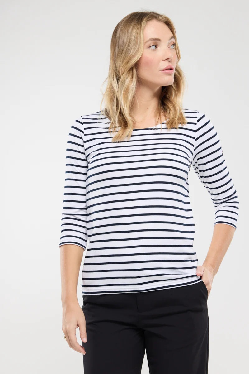 ARMOR LUX LADIES 3/4 SLEEVE T-SHIRT - WHITE/ RICH NAVY