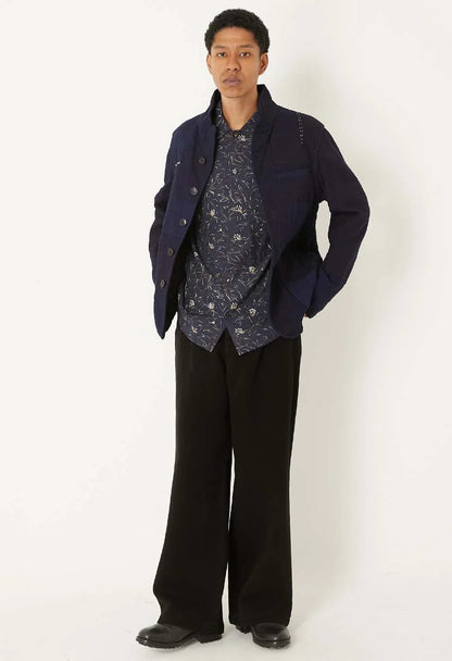 BLUE BLUE JAPAN DARK BLACK DOUBLECLOTH SASHIKO TUCKED WIDE PANTS - BLACK