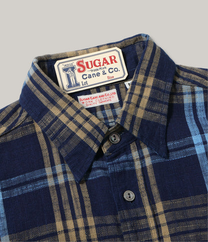 SUGAR CANE FICTION ROMANCE 6.2oz. INDIGO CHECK WORK SHIRT