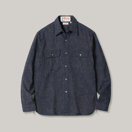 SUGAR CANE FICTION ROMANCE 6.2oz. INDIGO STRIPE WORK SHIRT