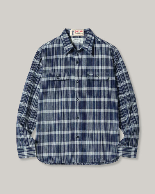SUGAR CANE FICTION ROMANCE 5oz. INDIGO CHECK WORK SHIRT - NAVY