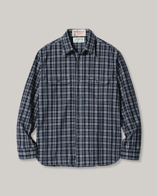 SUGAR CANE 'FICTION ROMANCE' INDIGO CHECK WORK SHIRT - NAVY