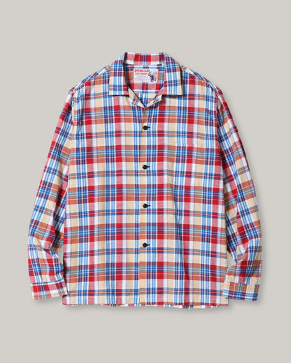 SUGAR CANE MADRAS CHECK OPEN NECK SHIRT - OFF WHITE