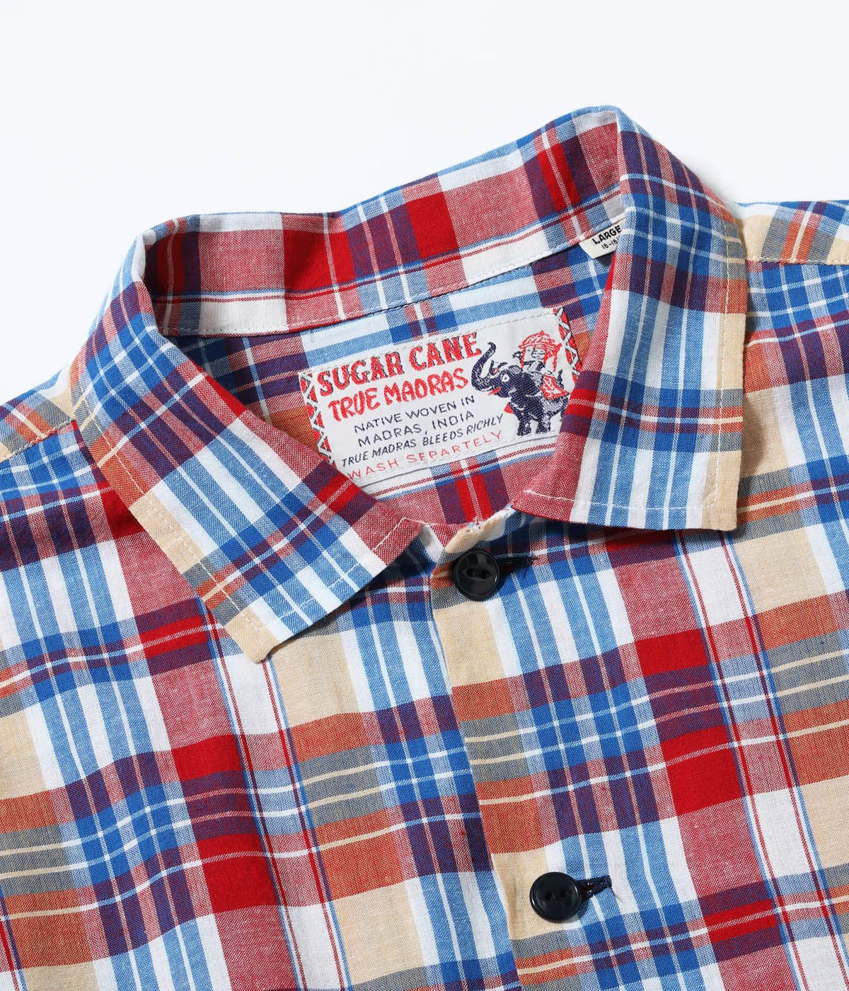 SUGAR CANE MADRAS CHECK OPEN NECK SHIRT - OFF WHITE