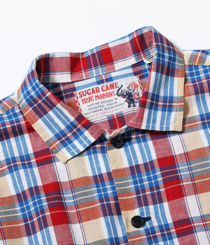 SUGAR CANE MADRAS CHECK OPEN NECK SHIRT - OFF WHITE