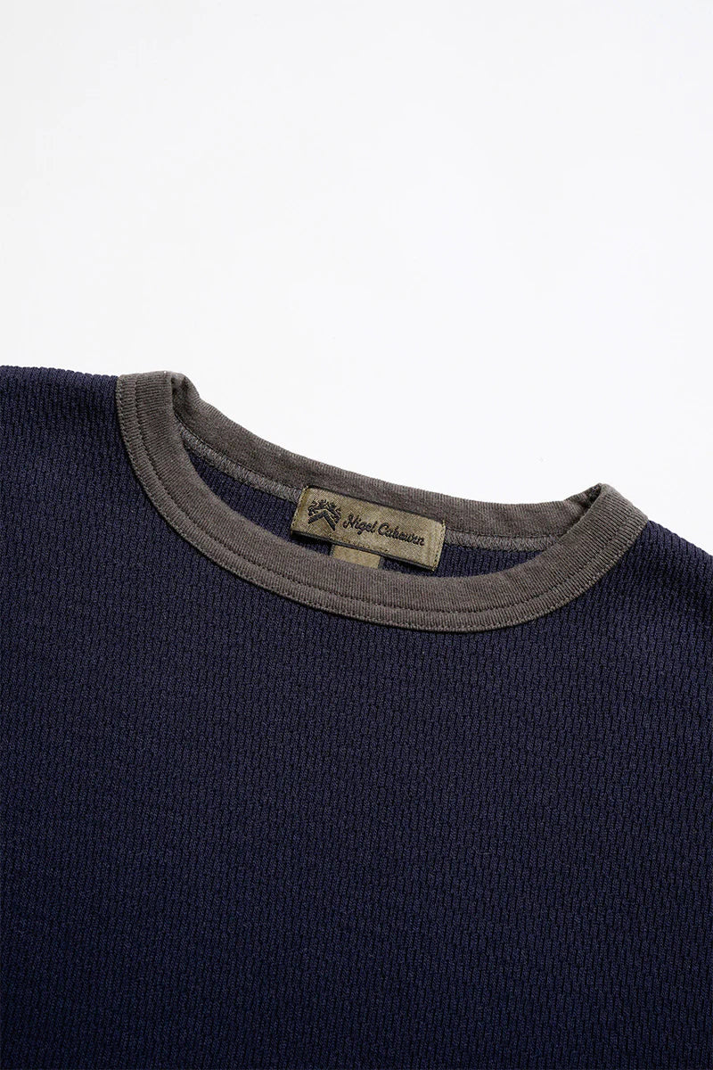 NIGEL CABOURN MAINLINE BASEBALL T-SHIRT HONEYCOMB KNIT - NAVY