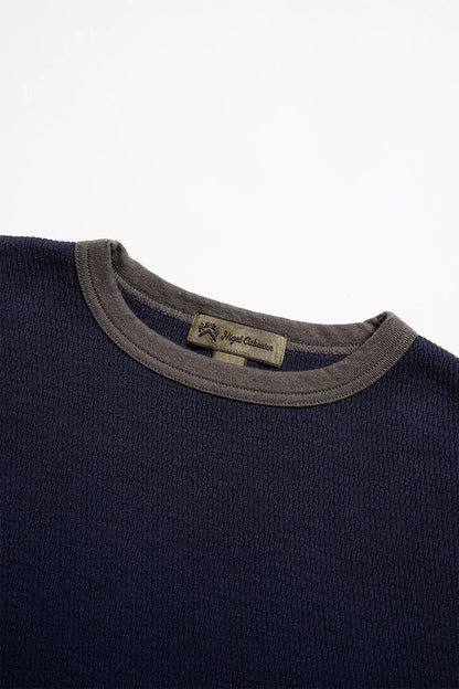 NIGEL CABOURN MAINLINE BASEBALL T-SHIRT HONEYCOMB KNIT - NAVY