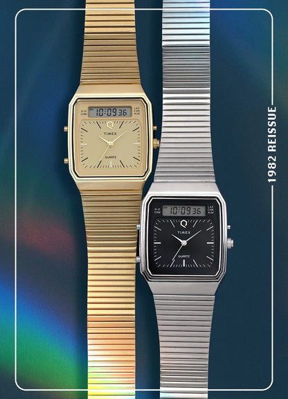 Q TIMEX® 1982  ANA-DIGI REISSUE 33MM GOLD-TONE BRACELET WATCH