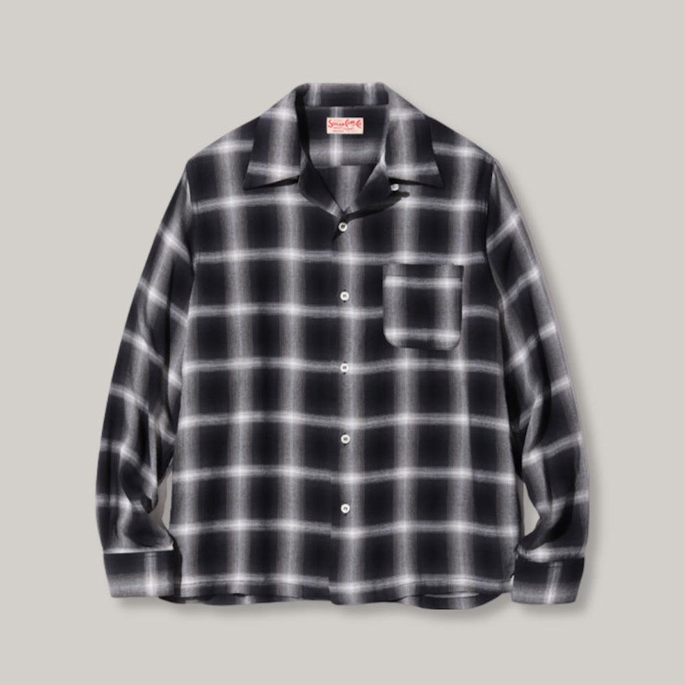 SUGAR CANE RAYON OMBRE CHECK OPEN SHIRT - BLACK