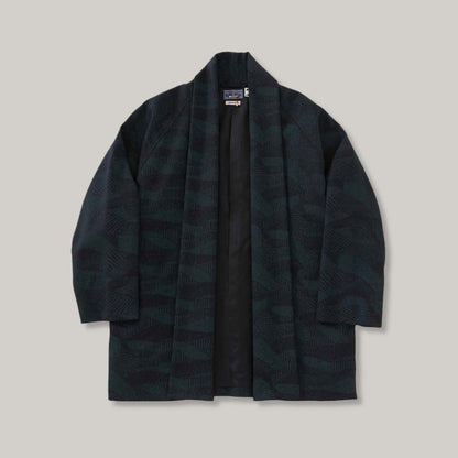 BLUE BLUE JAPAN WIND FLOW PATTERN WOOL PIGMENT PRINTED HAORI JACKET - NAVY