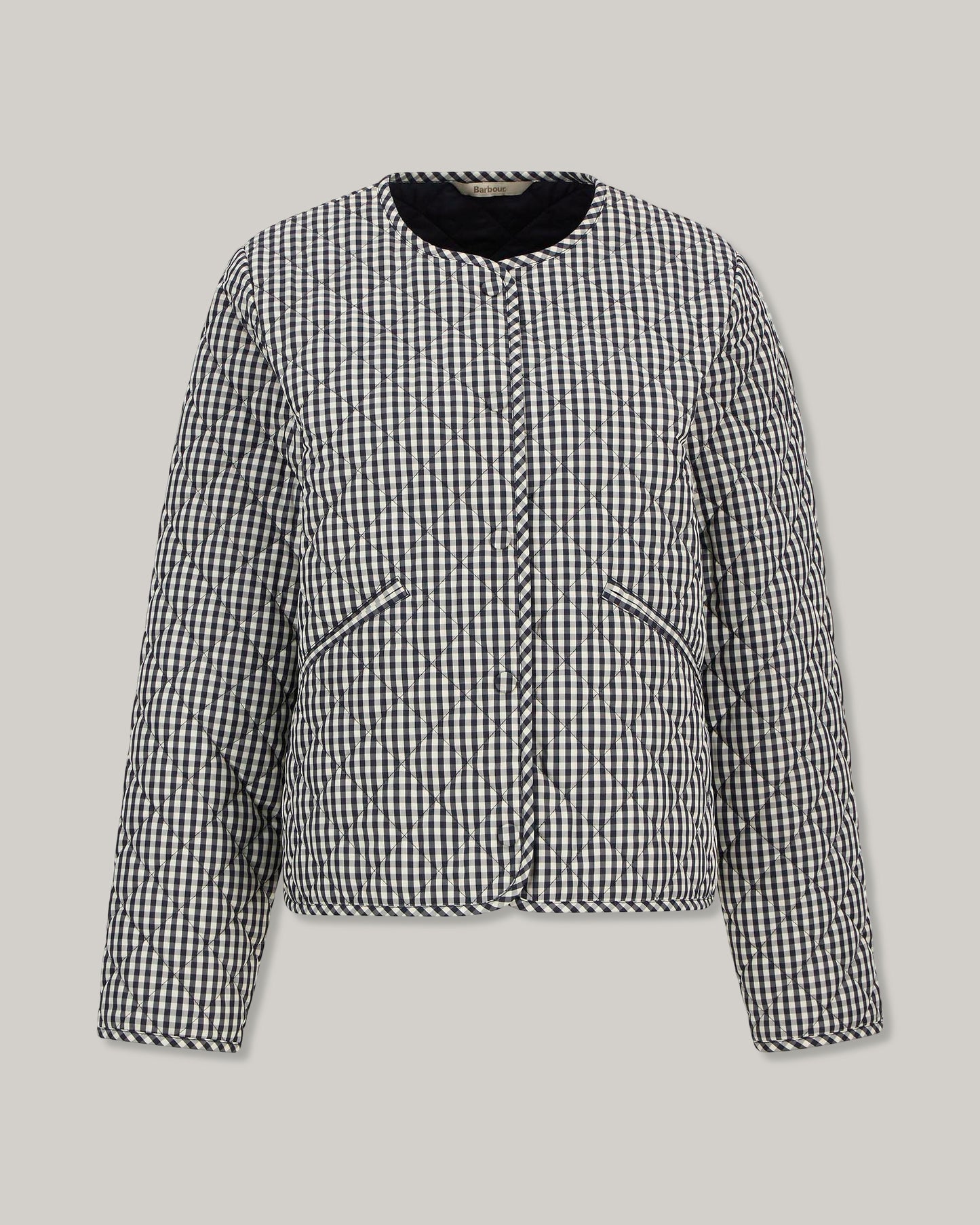 BARBOUR CASHEL GINGHAM COLLARLESS QUILTED JACKET - NAVY GINGHAM