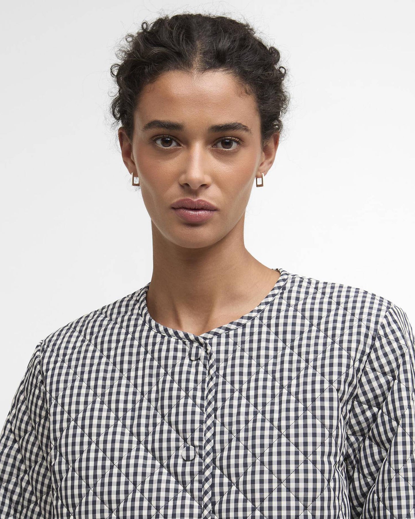 BARBOUR CASHEL GINGHAM COLLARLESS QUILTED JACKET - NAVY GINGHAM