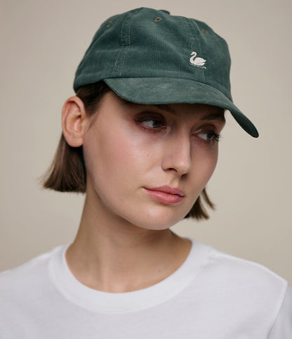 MERZ B. SCHWANEN CORDUROY SWAN LOGO CAP - FOREST