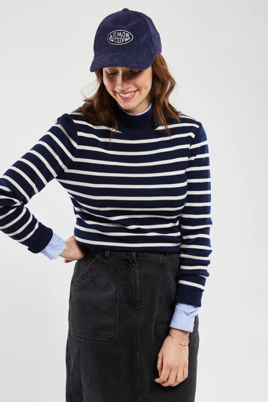 ARMOR LUX LADIES STAND UP COLLAR SWEATER - DARK BLUE/ WHITE