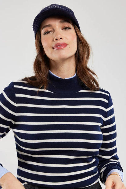 ARMOR LUX LADIES STAND UP COLLAR SWEATER - DARK BLUE/ WHITE