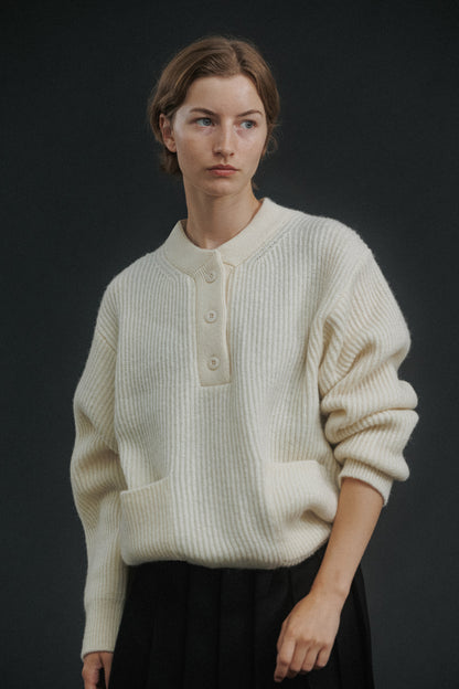 NOTHING WRITTEN SHETLAND WOOL HENLEY - NECK PULLOVER - IVORY