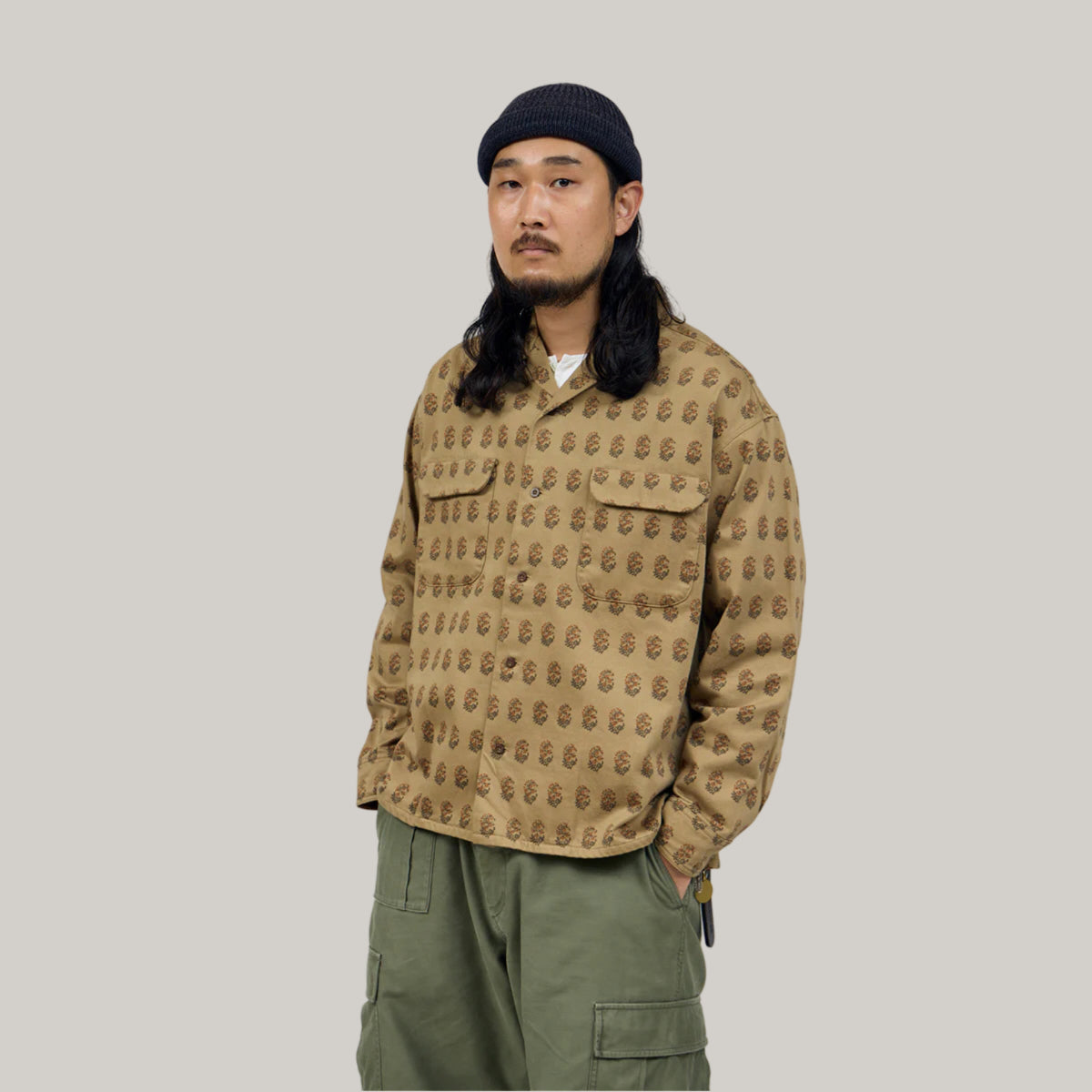 NIGEL CABOURN  MAINLINE OPEN COLLAR SHIRT - KHAKI ROKUTA PATTERN