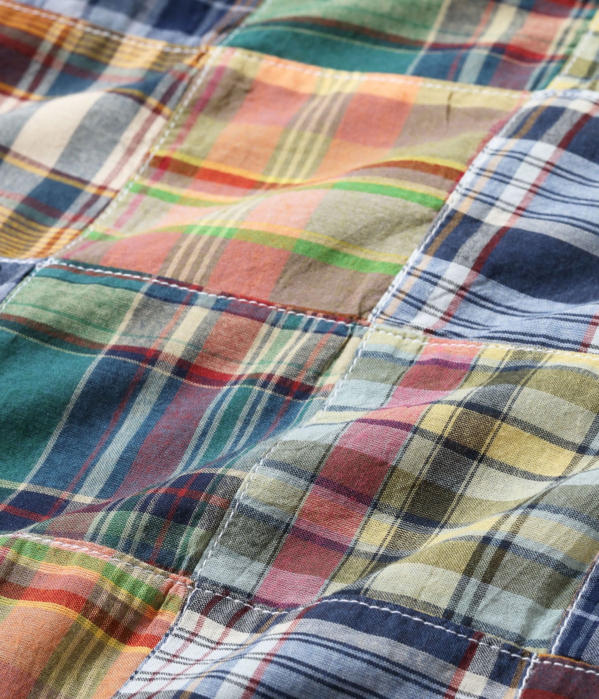 SUGAR CANE MADRAS CHECK PATCHWORK OPEN NECK SHIRT - NAVY