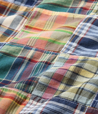 SUGAR CANE MADRAS CHECK PATCHWORK OPEN NECK SHIRT - NAVY