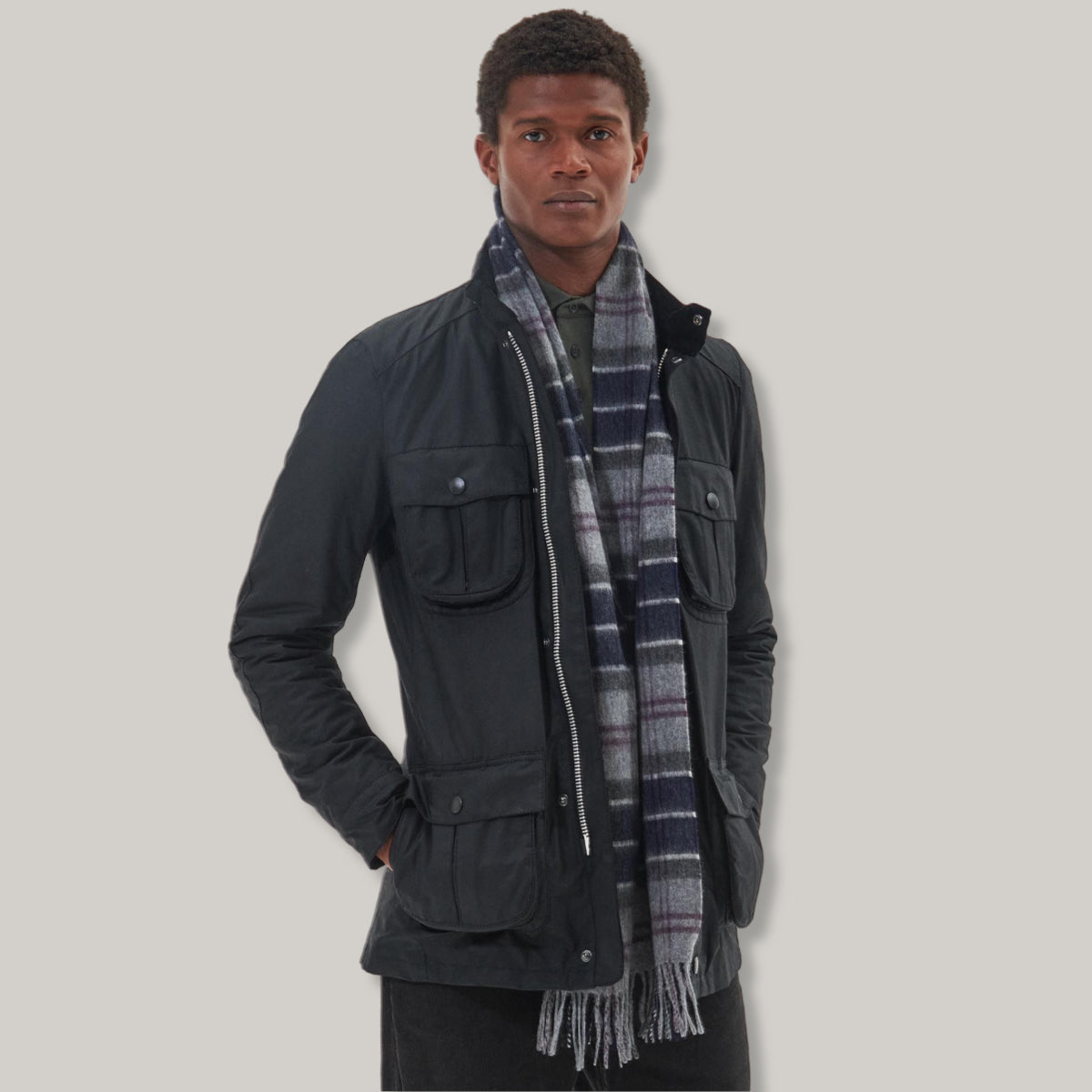 BARBOUR WOOL/ CASHMERE SCARF - BLACK SLATE TARTAN