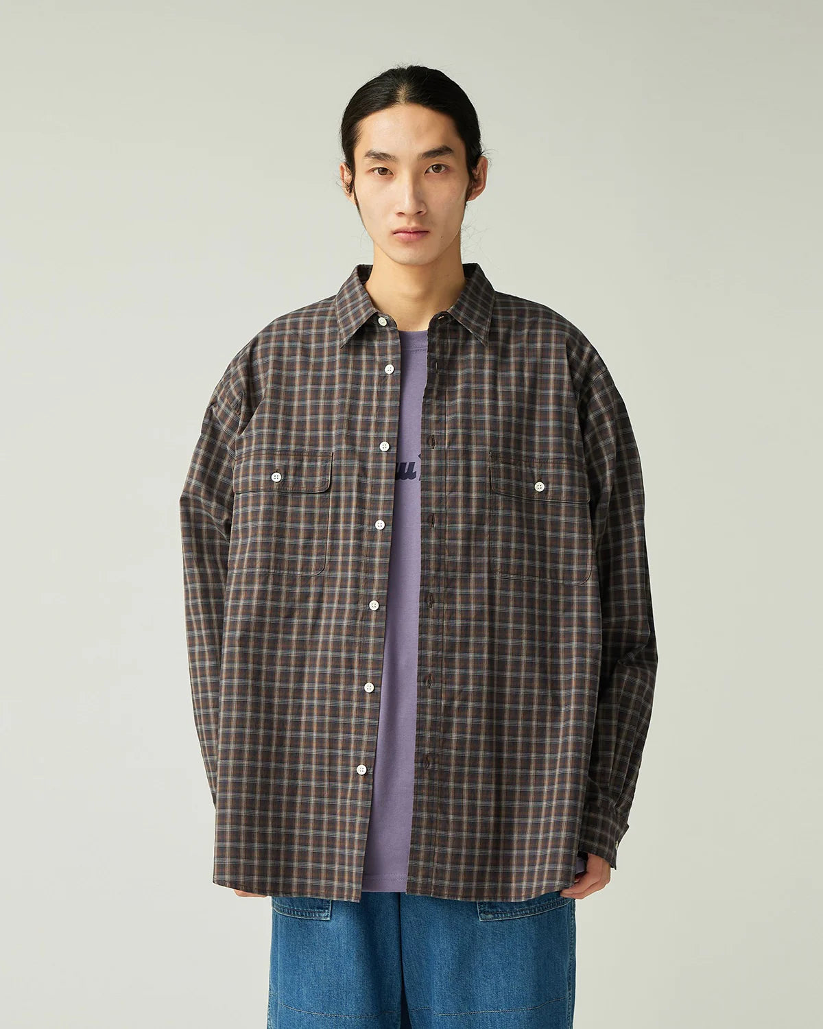 SNOW PEAK ORGANIC COTTON OMBRE CHECK SHIRT - BROWN