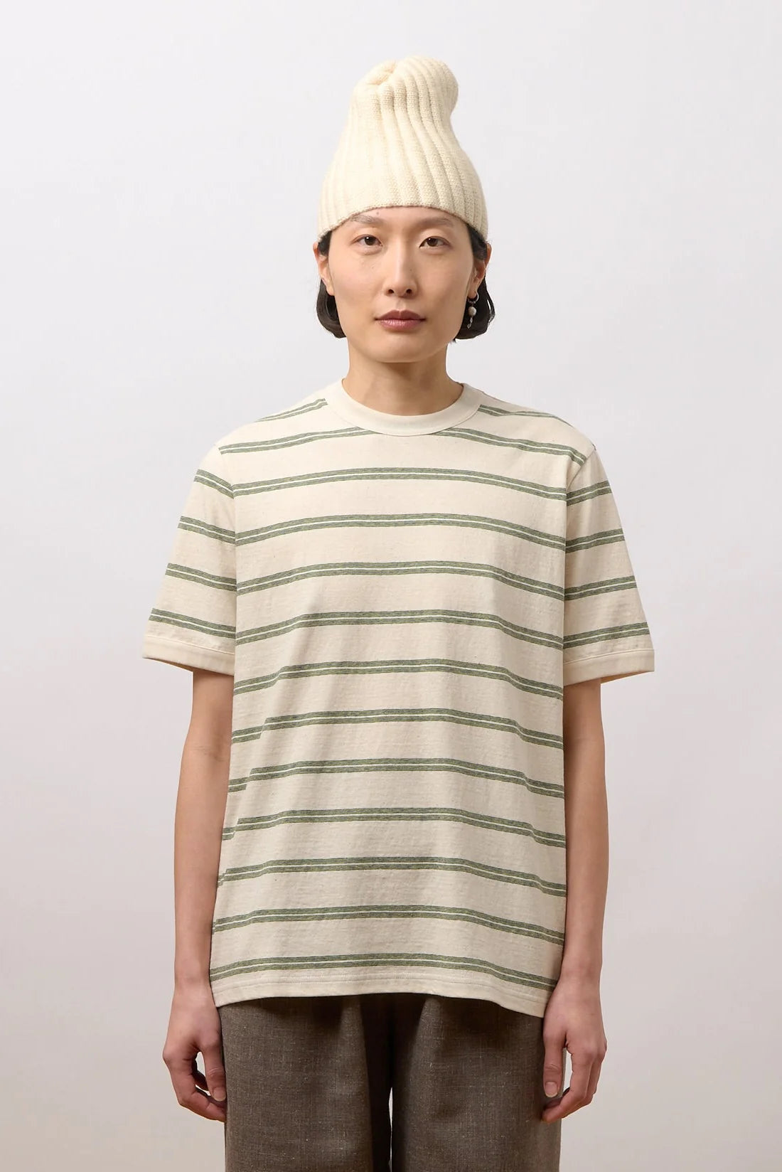 CAWLEY STRIPED JERSEY S/S T-SHIRT - ECRU/ GREEN/ BLUE STRIPE