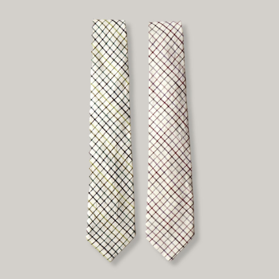 TS(S) SIMPLE PLAID LINEN CLOTH NECK TIE - WHITE/ GREEN