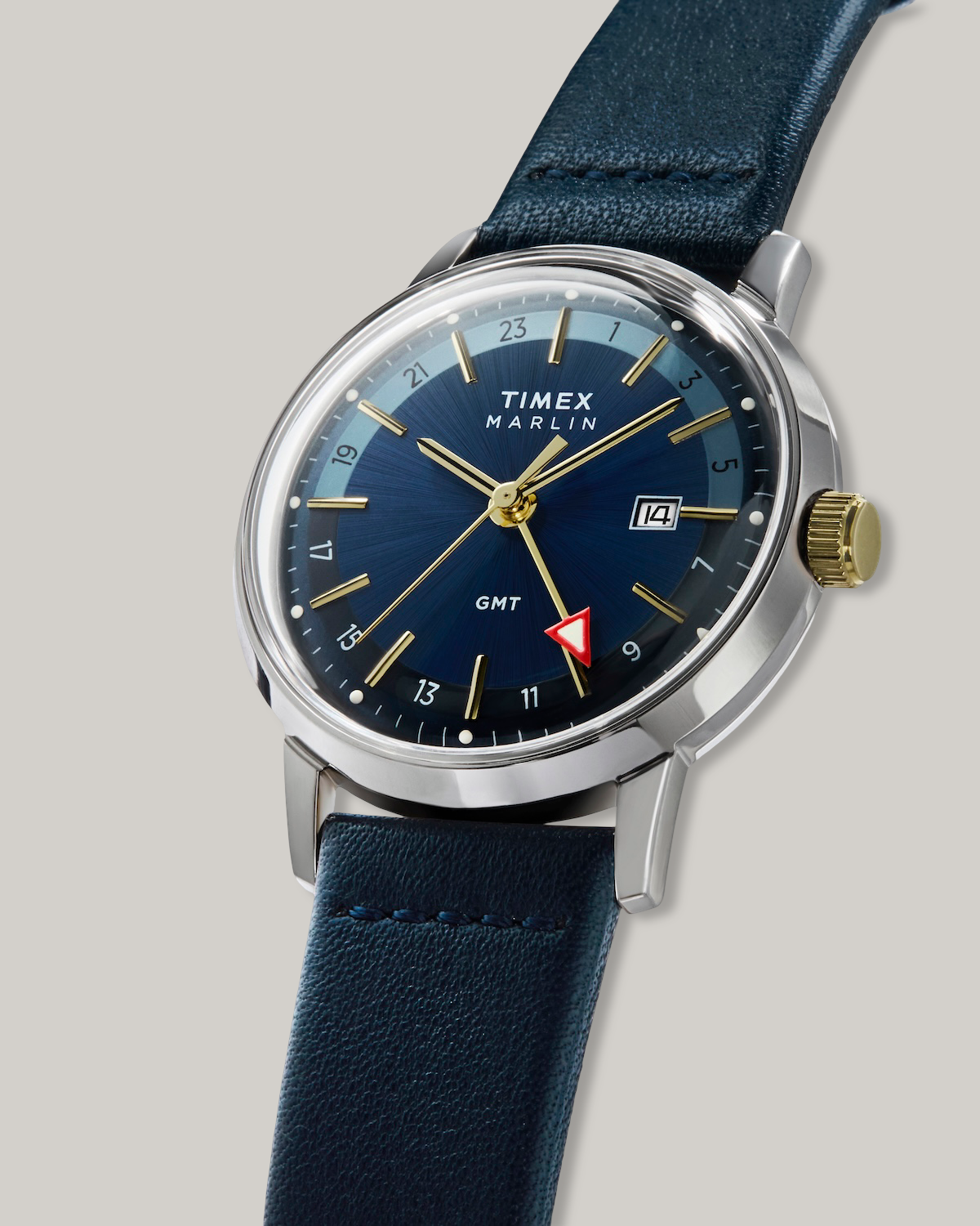 TIMEX MARLIN® QUARTZ GMT 40MM LEATHER STRAP WATCH - BLUE DIAL