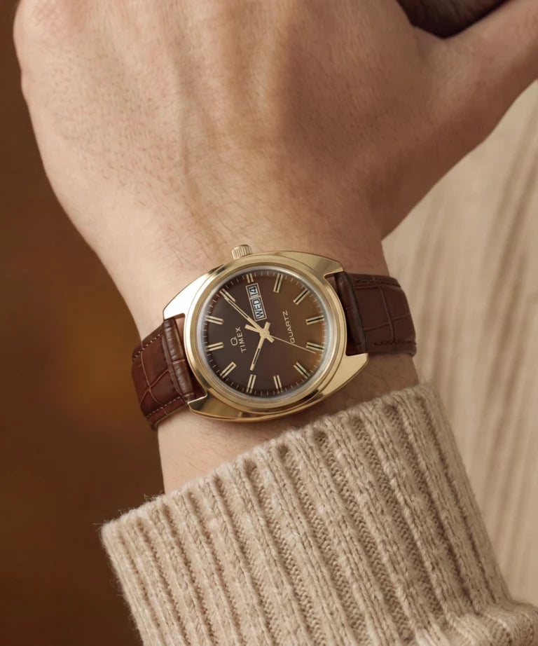 TIMEX 1978 DAY DATE FUMÉ 37MM - BROWN CROC LEATHER STRAP