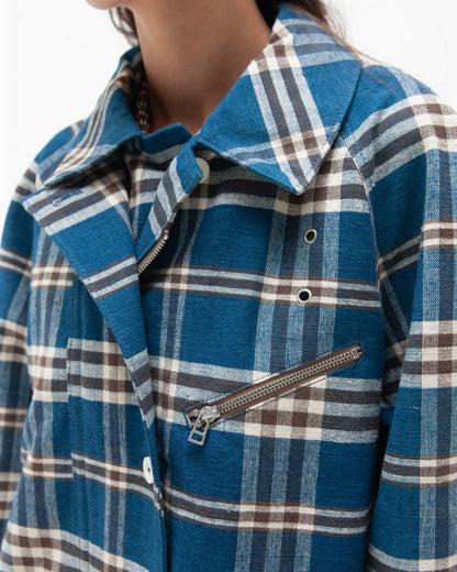 W'MENSWEAR MOTORCYCLE TRENCH - INDIGO CHECK