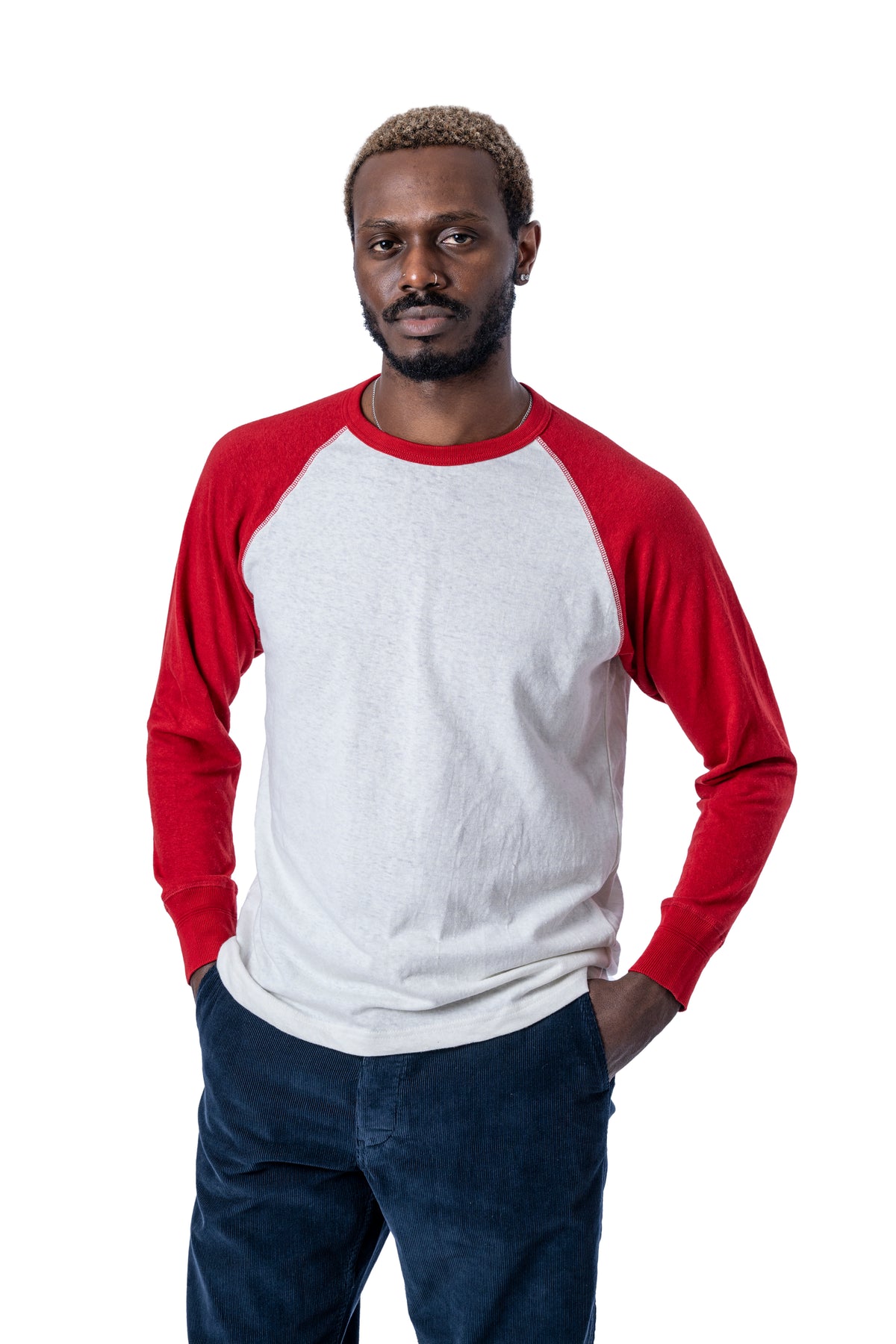 HEIMAT COTTON/ HEMP CONTRAST T-SHIRT - SEASHELL/ SAFETY RED