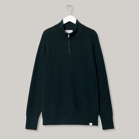 MERZ B. SCHWANEN RIBBED MERINO WOOL HALF ZIP  - DARK TEAL