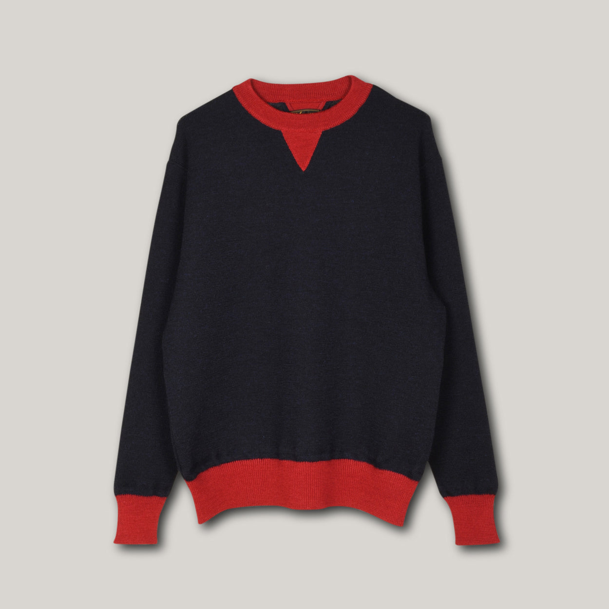STEVENSON OVERALL CO.  DOUBLE V-GUSSET WOOL SWEATER - NAVY x RED