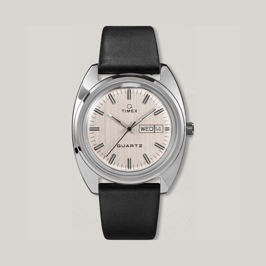 TIMEX Q 1978 'MARMONT' REISSUE 37MM LEATHER STRAP WATCH - SILVER/BLACK